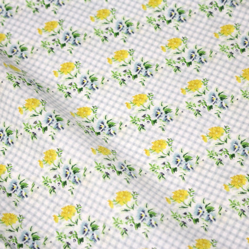 Tissu popeline coton carreaux bleu ciel aux fines fleurs jaunes bleues vertes - TissusPapi.com
