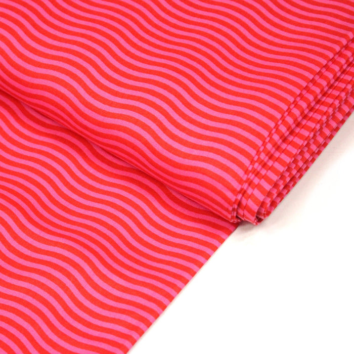Tissu popeline coton lignes & vagues rose fuchsia et rouges - TissusPapi.com