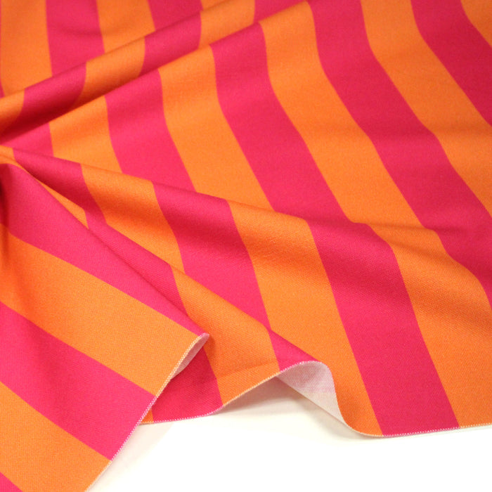 Tissu coton demi natté : larges rayures rose/orange ou vert/sable - OEKO-TEX STANDARD 100