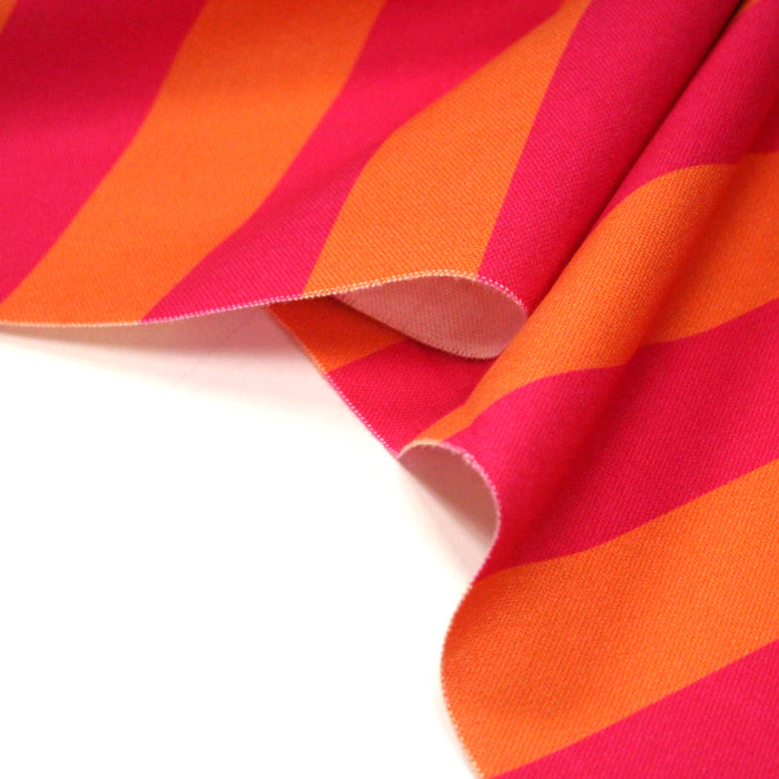 Tissu coton demi natté : larges rayures rose/orange ou vert/sable - OEKO-TEX STANDARD 100