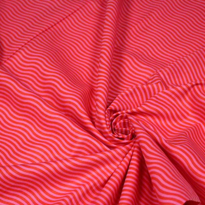 Tissu popeline coton lignes & vagues rose fuchsia et rouges - TissusPapi.com