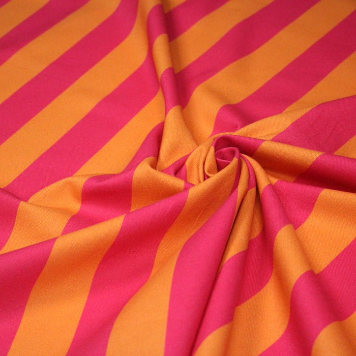 Tissu coton demi natté : larges rayures rose/orange ou vert/sable - OEKO-TEX STANDARD 100