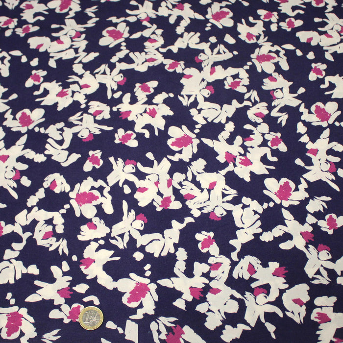 Tissu Viscose fluide NAWI, aux fleurs blanches & roses, fond violet - OEKO-TEX