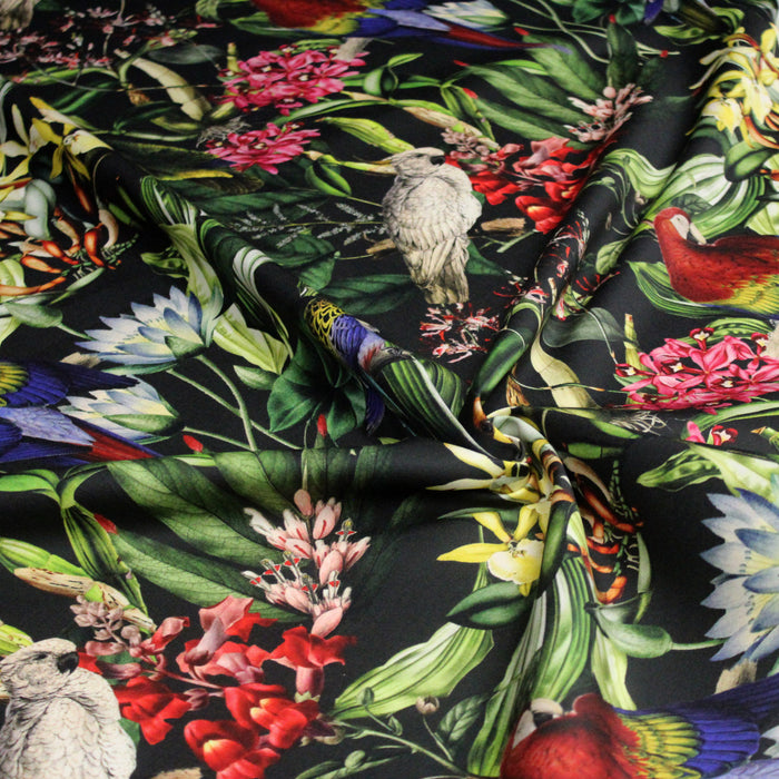 Tissu gabardine de coton LUXE imprimée motif de forêt tropical luxuriante aux perroquets et oiseaux, fond noir