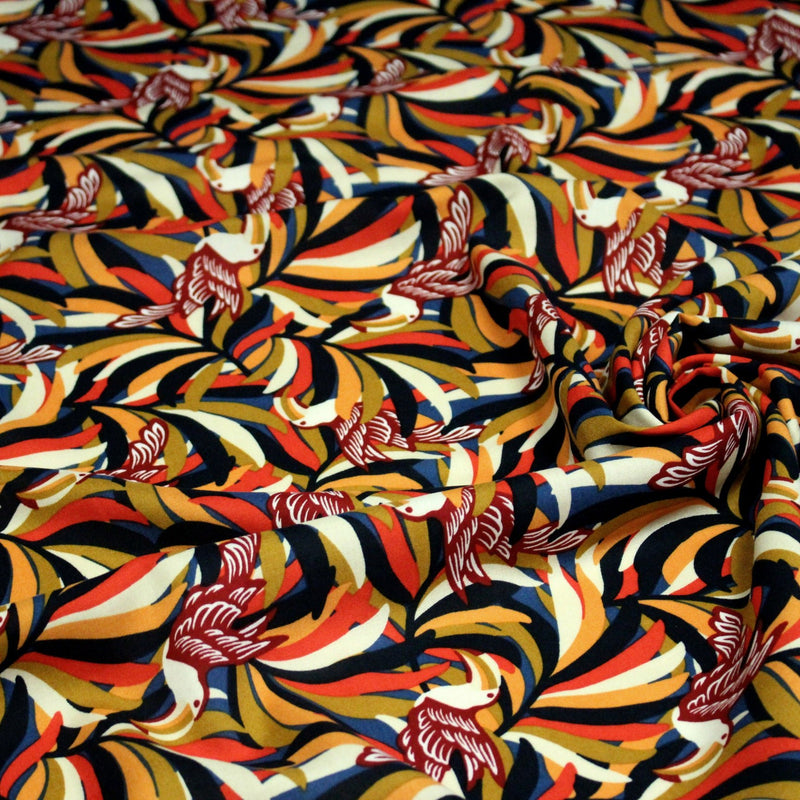 Tissu viscose fluide, motif floral & toucans : tons prune ou tons marine - OEKO - TEX STANDARD 100 - TissusPapi.com