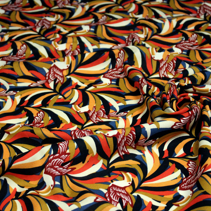 Tissu viscose fluide, motif floral & toucans : tons prune ou tons marine - OEKO-TEX STANDARD 100