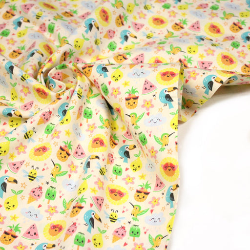Tissu popeline coton ENFANT KAWAI aux animaux et fruits souriants - TissusPapi.com