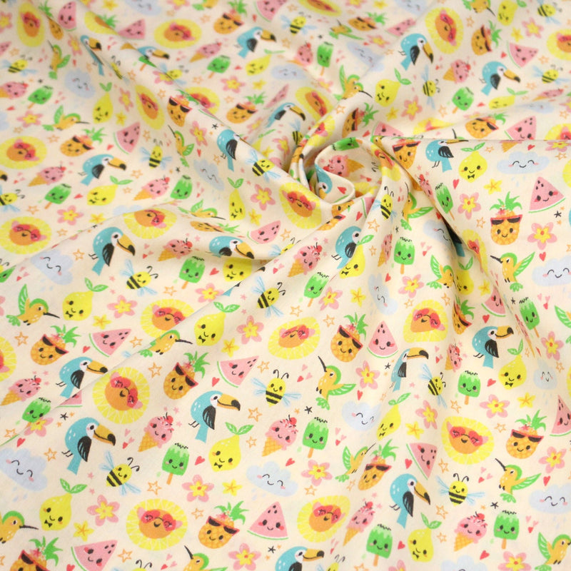 Tissu popeline coton ENFANT KAWAI aux animaux et fruits souriants - TissusPapi.com