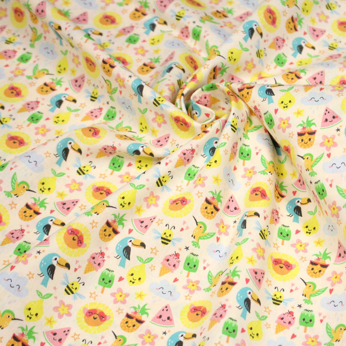Tissu popeline coton ENFANT KAWAI aux animaux et fruits souriants - TissusPapi.com