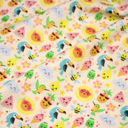 Tissu popeline coton ENFANT KAWAI aux animaux et fruits souriants - TissusPapi.com