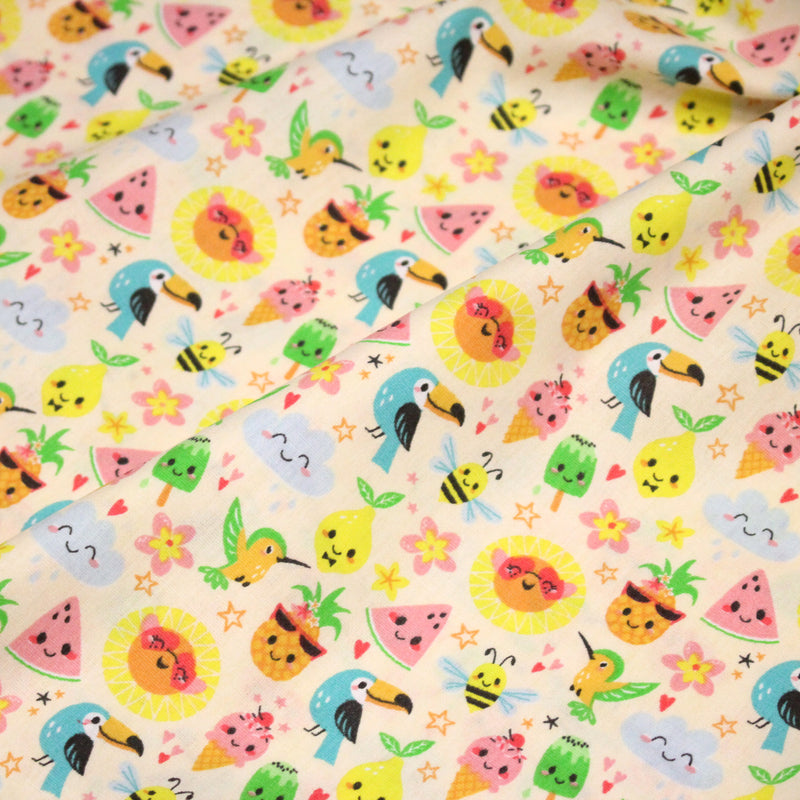 Tissu popeline coton ENFANT KAWAI aux animaux et fruits souriants - TissusPapi.com