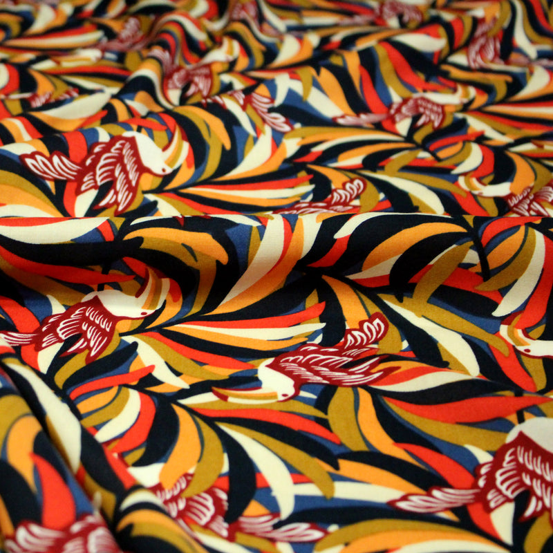 Tissu viscose fluide, motif floral & toucans : tons prune ou tons marine - OEKO - TEX STANDARD 100 - TissusPapi.com