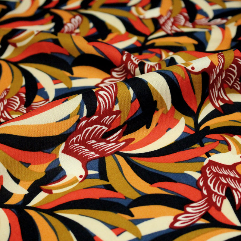Tissu viscose fluide, motif floral & toucans : tons prune ou tons marine - OEKO - TEX STANDARD 100 - TissusPapi.com