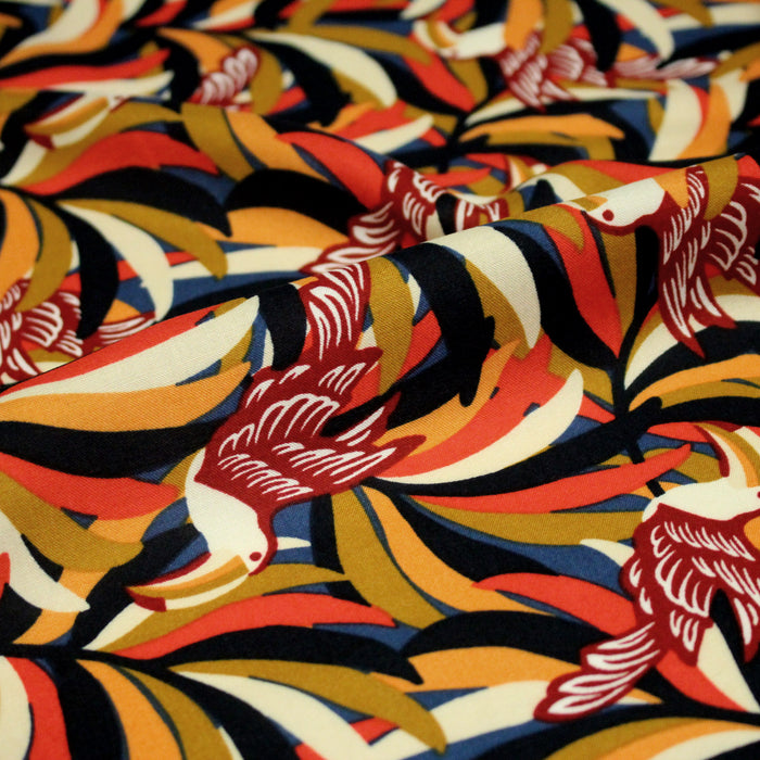 Tissu viscose fluide, motif floral & toucans : tons prune ou tons marine - OEKO-TEX STANDARD 100