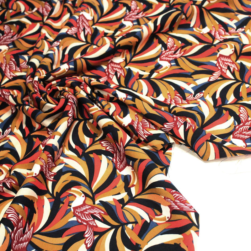 Tissu viscose fluide, motif floral & toucans : tons prune ou tons marine - OEKO - TEX STANDARD 100 - TissusPapi.com