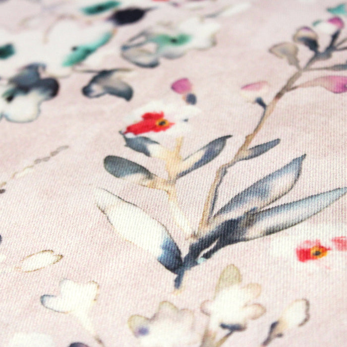 Tissu gabardine de coton LUXE imprimée motif fleurs d'aubépine façon aquarelle, fond rose