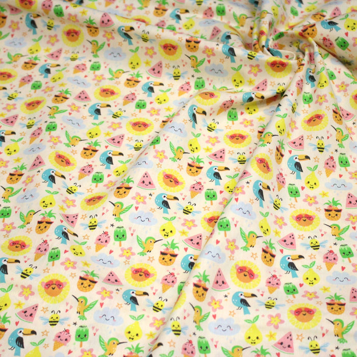 Tissu popeline coton ENFANT KAWAI aux animaux et fruits souriants - TissusPapi.com