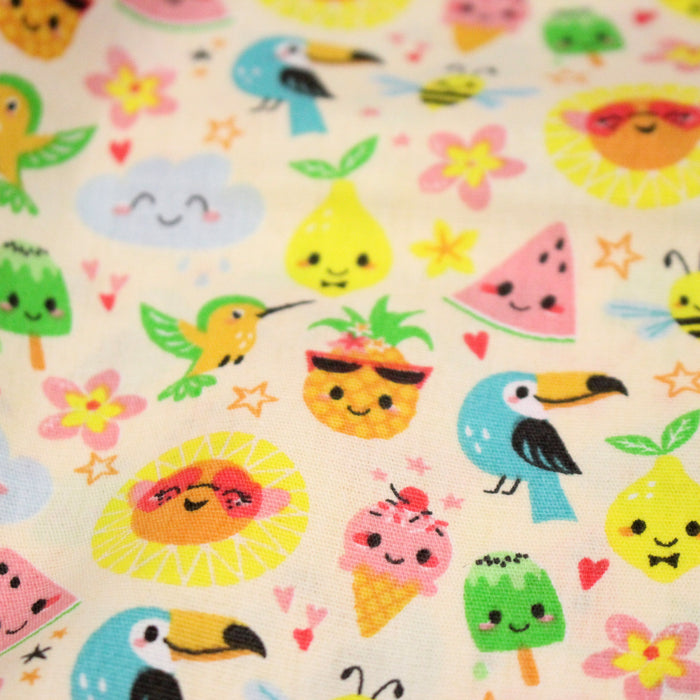 Tissu popeline coton ENFANT KAWAI aux animaux et fruits souriants - TissusPapi.com