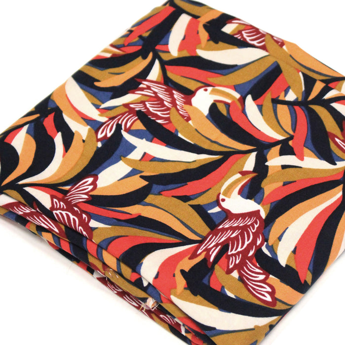 Tissu viscose fluide, motif floral & toucans : tons prune ou tons marine - OEKO-TEX STANDARD 100