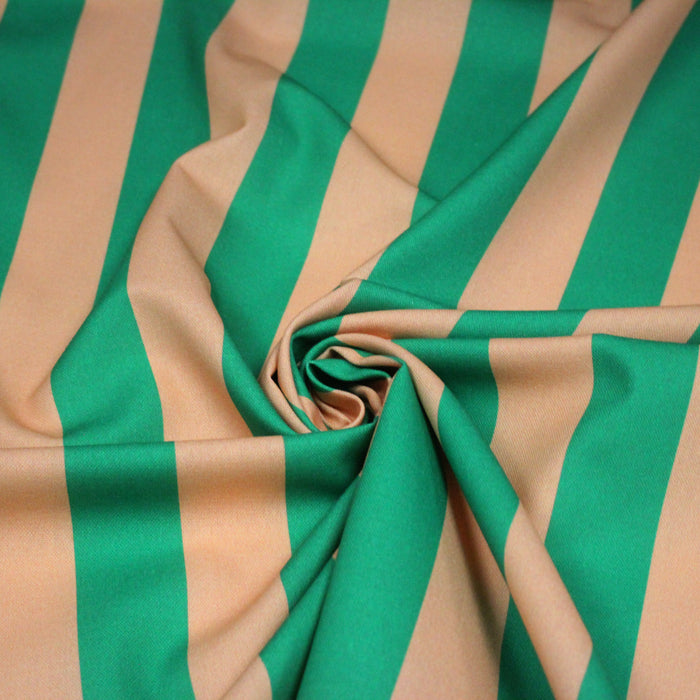 Tissu coton demi natté : larges rayures rose/orange ou vert/sable - OEKO-TEX STANDARD 100