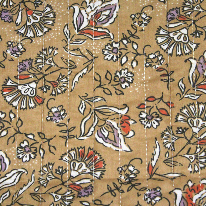 Tissu Matelassé coton motif KALAMKARI aux fleurs blanche, rouille et parmes, verso gris aux fleurs rouille, ocres, et parme - OEKO-TEX