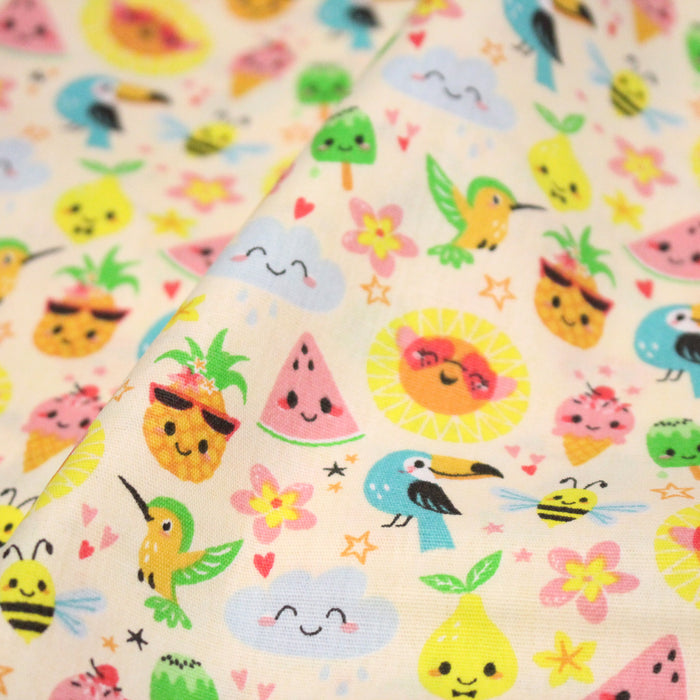 Tissu popeline coton ENFANT KAWAI aux animaux et fruits souriants - TissusPapi.com