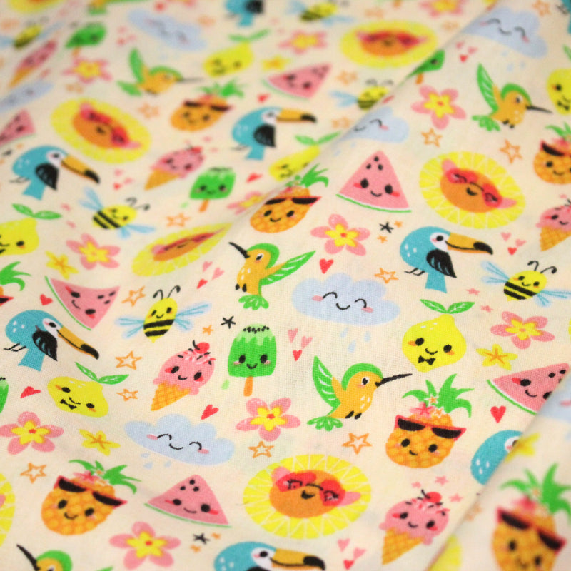 Tissu popeline coton ENFANT KAWAI aux animaux et fruits souriants - TissusPapi.com