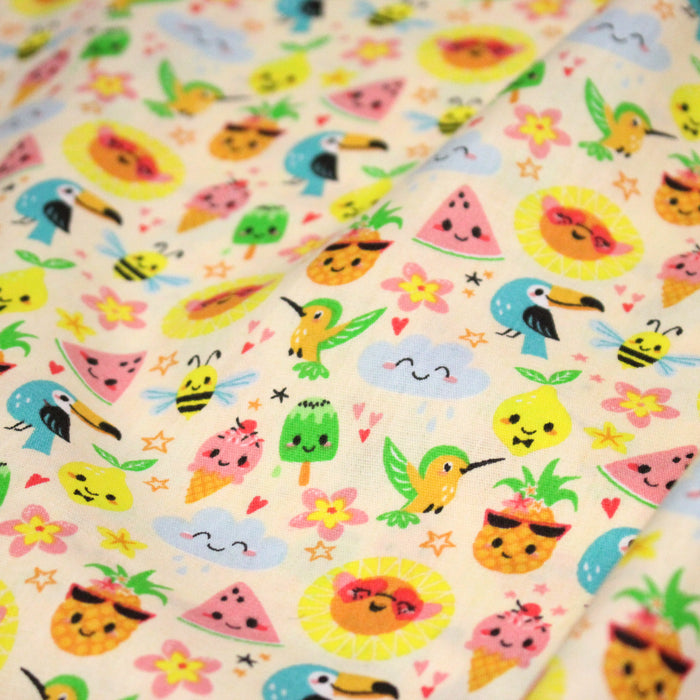 Tissu popeline coton ENFANT KAWAI aux animaux et fruits souriants - TissusPapi.com