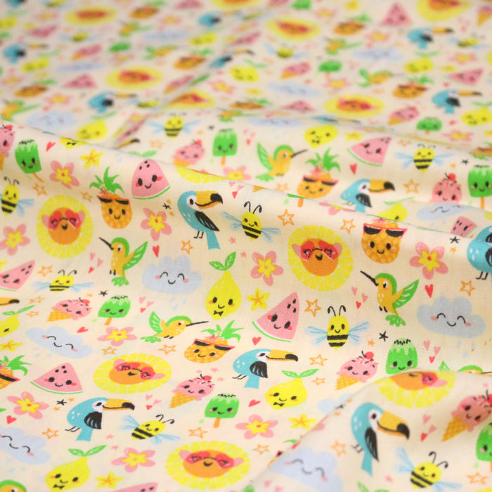 Tissu popeline coton ENFANT KAWAI aux animaux et fruits souriants - TissusPapi.com