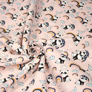 Tissu popeline coton ENFANT rose aux pandas endormis, arcs en ciel et nuages - TissusPapi.com