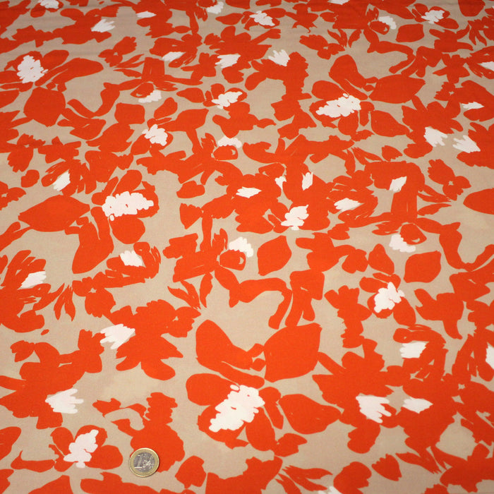 Tissu Viscose fluide BOTI, aux fleurs oranges, fond grège - OEKO-TEX