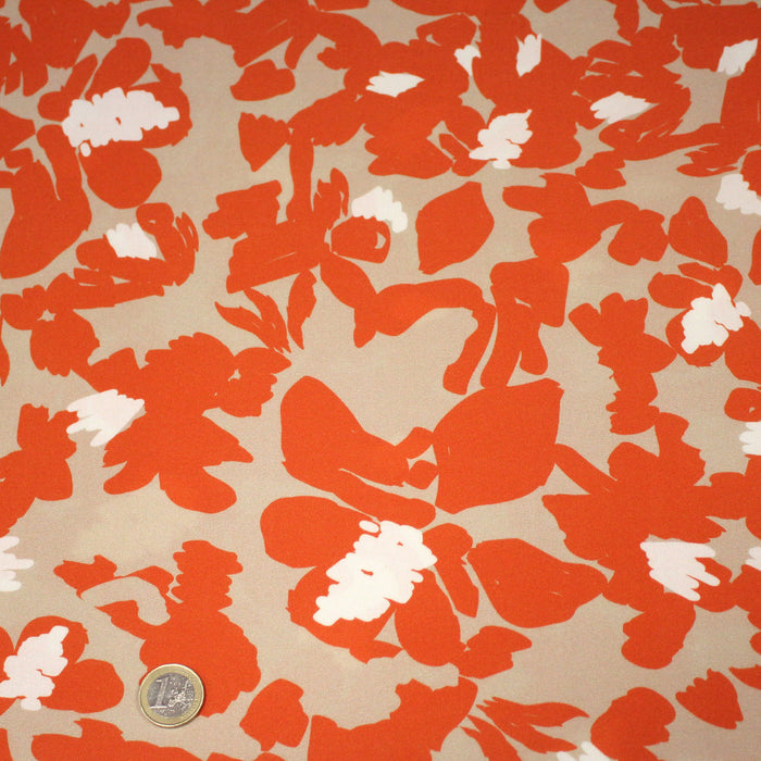 Tissu Viscose fluide BOTI, aux fleurs oranges, fond grège - OEKO-TEX