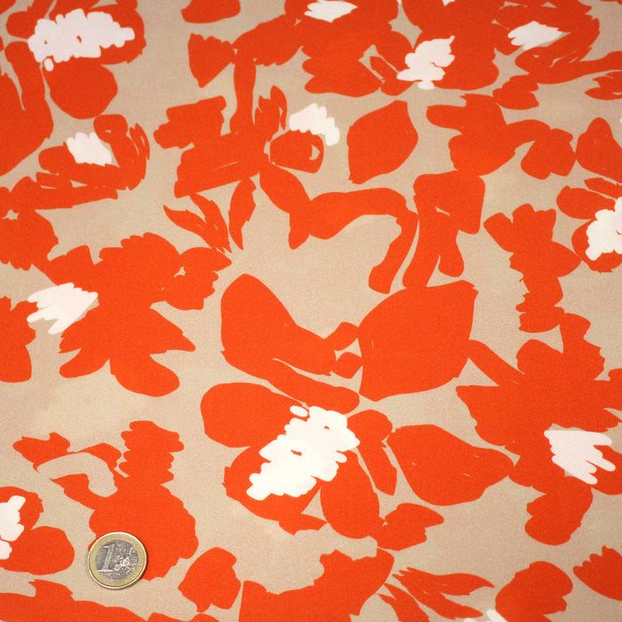 Tissu Viscose fluide BOTI, aux fleurs oranges, fond grège - OEKO-TEX