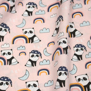 Tissu popeline coton ENFANT rose aux pandas endormis, arcs en ciel et nuages - TissusPapi.com
