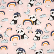 Tissu popeline coton ENFANT rose aux pandas endormis, arcs en ciel et nuages - TissusPapi.com