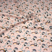 Tissu popeline coton ENFANT rose aux pandas endormis, arcs en ciel et nuages - TissusPapi.com
