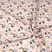 Tissu popeline coton ENFANT rose aux pandas endormis, arcs en ciel et nuages - TissusPapi.com