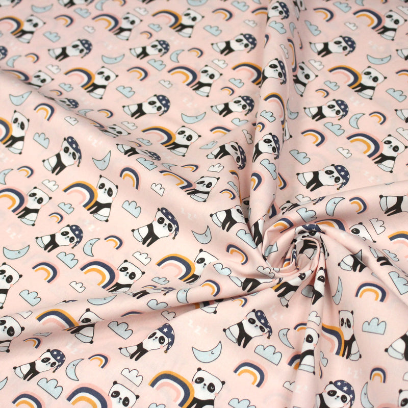 Tissu popeline coton ENFANT rose aux pandas endormis, arcs en ciel et nuages - TissusPapi.com