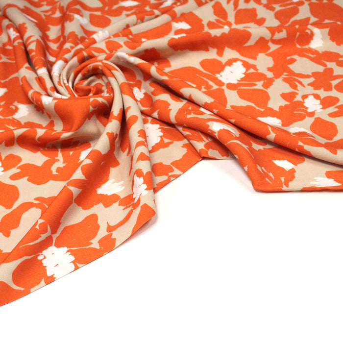 Tissu Viscose fluide BOTI, aux fleurs oranges, fond grège - OEKO-TEX