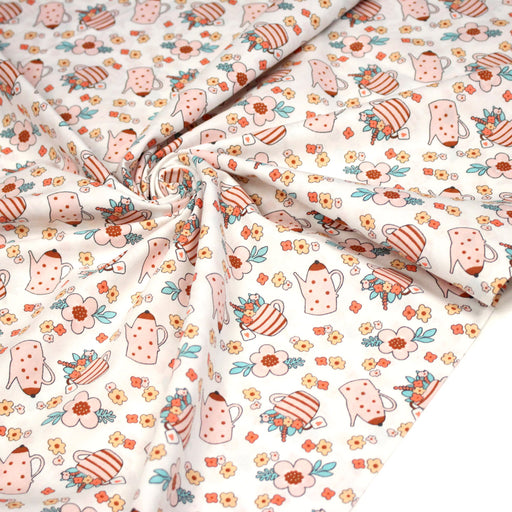 Tissu popeline coton Théières, vases et jolies fleurs - TissusPapi.com