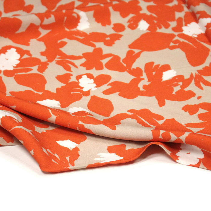 Tissu Viscose fluide BOTI, aux fleurs oranges, fond grège - OEKO-TEX