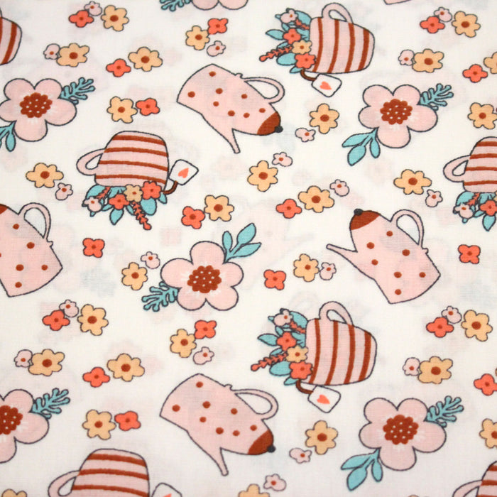 Tissu popeline coton Théières, vases et jolies fleurs - TissusPapi.com
