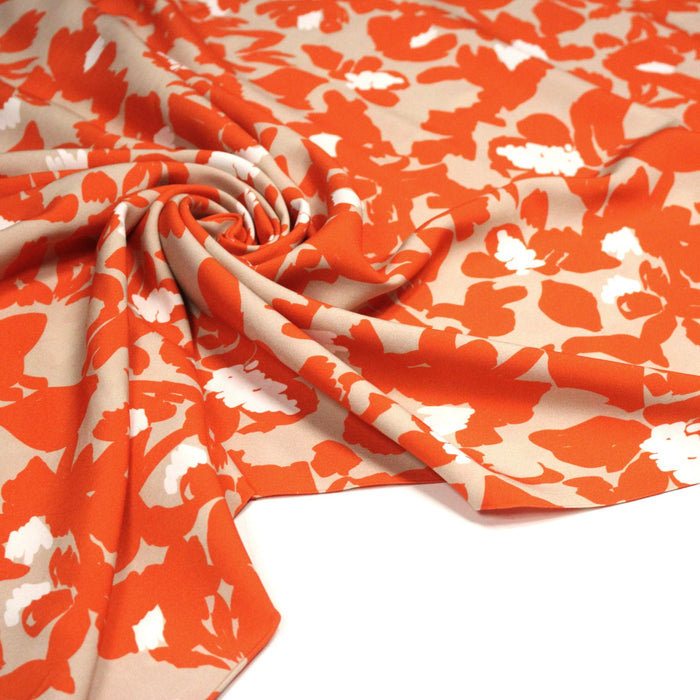 Tissu Viscose fluide BOTI, aux fleurs oranges, fond grège - OEKO-TEX