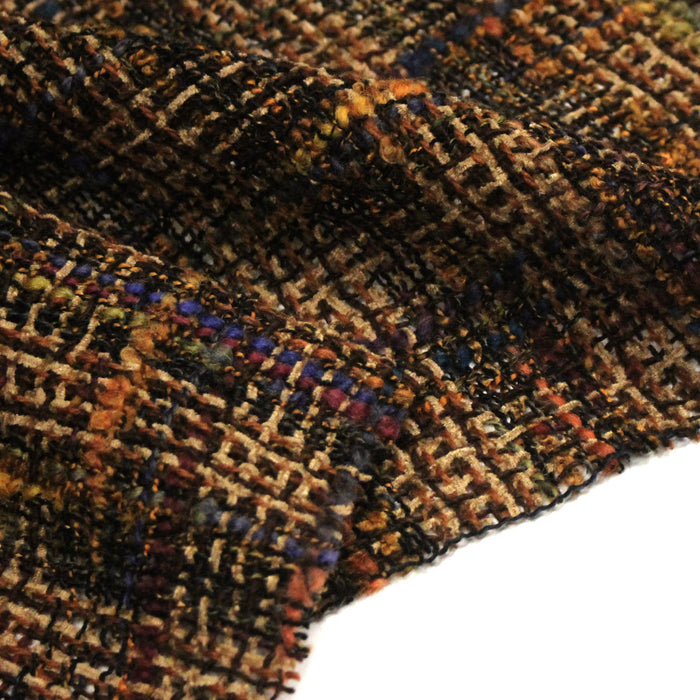 Tissu tweed ocre & chocolat, aux fils multicolores - Fabrication française