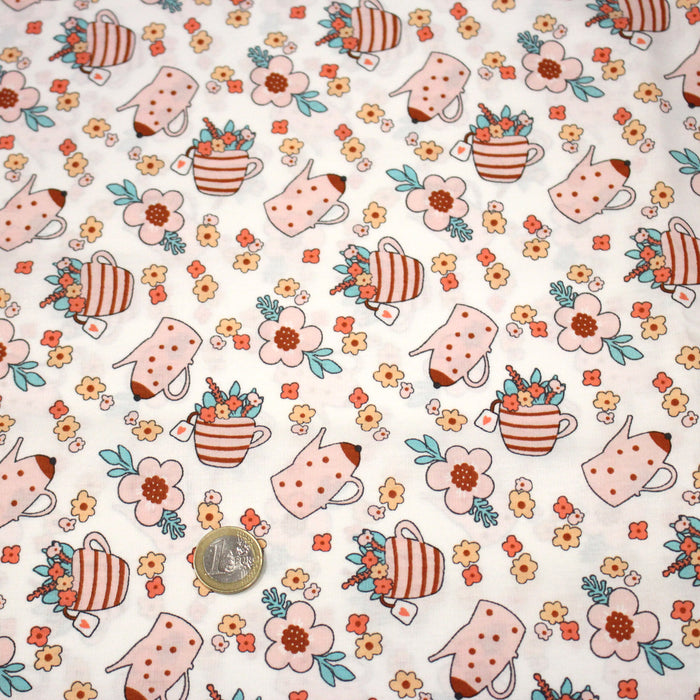 Tissu popeline coton Théières, vases et jolies fleurs - TissusPapi.com