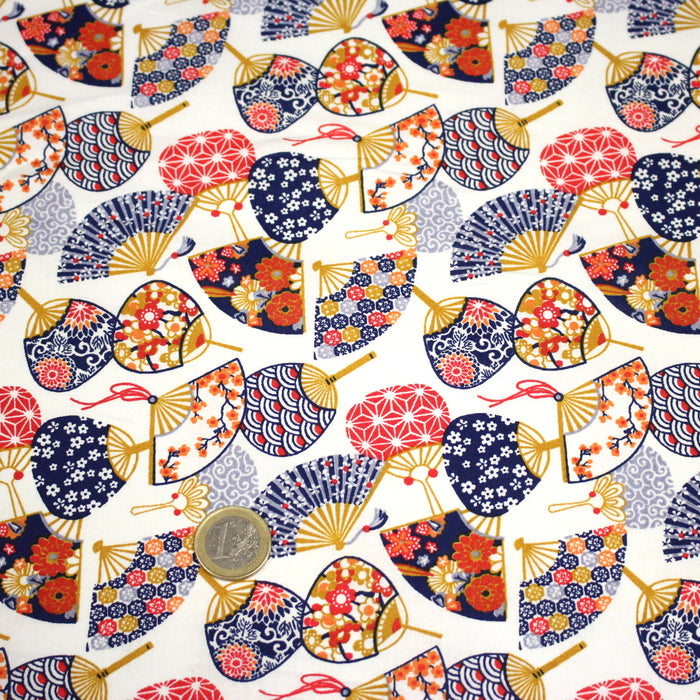 Tissu cotonnade éventails japonais multicolores : rouge ou blanc - OEKO-TEX STANDARD 100
