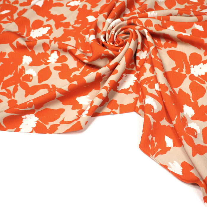 Tissu Viscose fluide BOTI, aux fleurs oranges, fond grège - OEKO-TEX