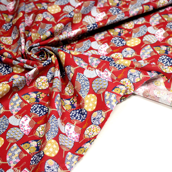 Tissu cotonnade éventails japonais multicolores : rouge ou blanc - OEKO-TEX STANDARD 100