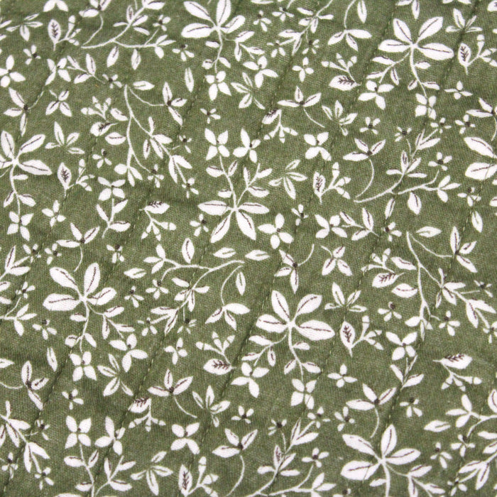 Tissu double gaze de coton matelassé motif fleuri blanc sur fond vert fougère, verso vert fougère uni - Oeko-Tex