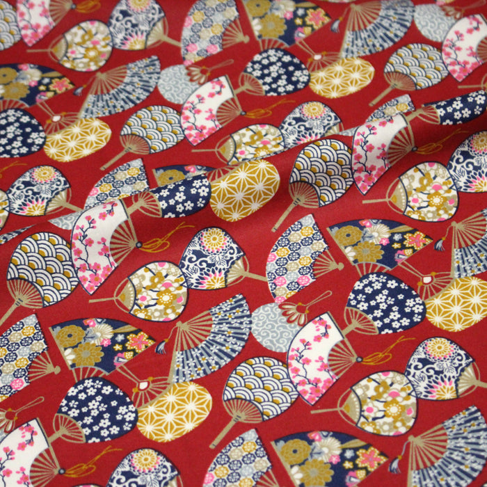 Tissu cotonnade éventails japonais multicolores : rouge ou blanc - OEKO-TEX STANDARD 100